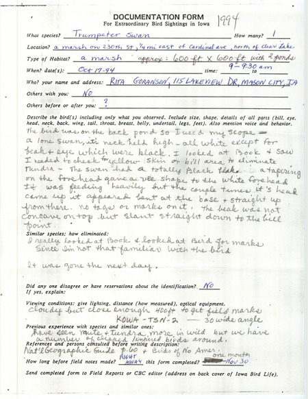 Rare bird documentation form for a Trumpeter Swan at Clear Lake in Cerro Gordo County, IA on October 17, 1994.