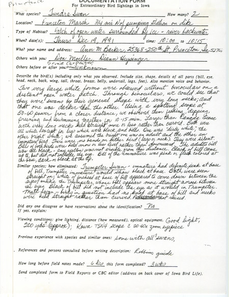Rare bird documentation form for two Tundra Swans at Princeton March in Scott County, IA on December 19, 1991.
