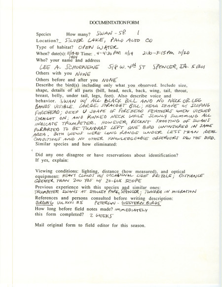 Rare bird documentation form for a Swan Species at Silver Lake in Palo Alto County, IA on November 19, 1994.