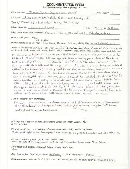 Rare bird documentation form for four Tundra Swans at George Wyth State Park in Black Hawk County, IA on December 20, 1998.