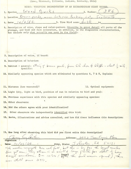 Rare bird documentation form for three hundred eighty-six Wood Ducks at Lakeview Recreation Area at Saylorville Lake in Polk County, IA on October 6, 1984.