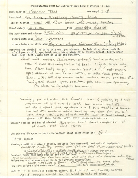 Rare bird documentation form for a Cinnamon Teal at New Lake in Woodbury County, IA on April 7, 1986.