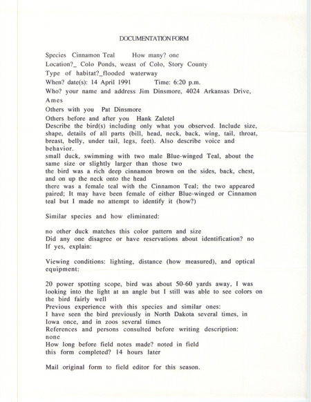 Rare bird documentation form for a Cinnamon Teal at Colo Ponds in Story County, IA on April 14, 1991.