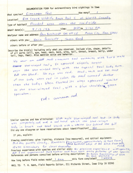Rare bird documentation form for a Cinnamon Teal at Elk Creek Wildlife Area Pool C in Worth County, IA on April 12, 1992.