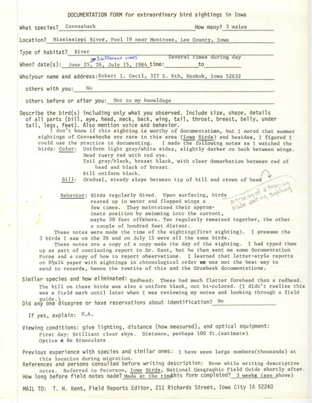 Rare bird documentation form for three Canvasbacks at Pool 19 near Montrose in Lee County, IA on June 25, 1984.