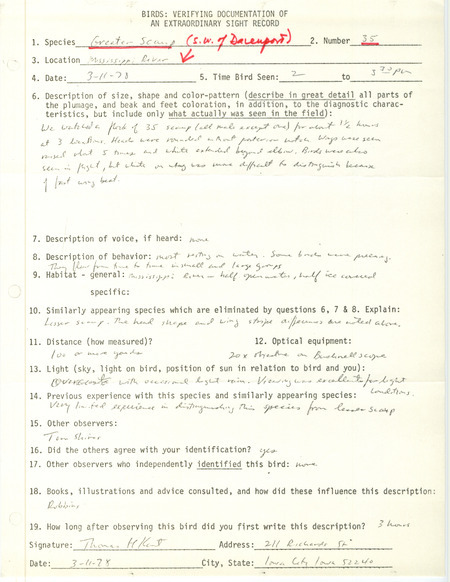 Rare bird documentation form for thirty-five Greater Scaups at Mississippi River (SW of Davenport) in Scott County, IA on March 11, 1978.