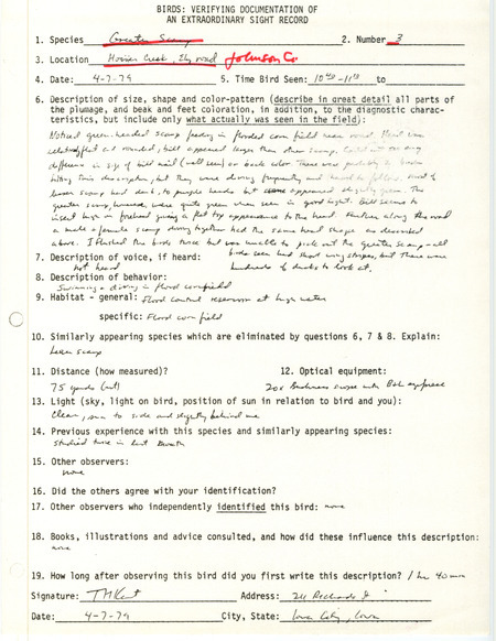 Rare bird documentation form for three Greater Scaups at Hoosier Creek in Johnson County, IA on April 7, 1979.