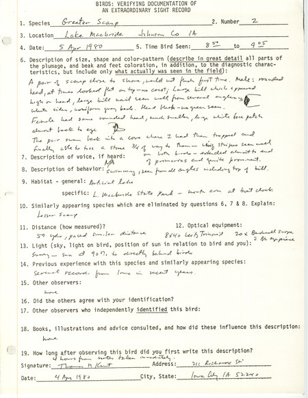 Rare bird documentation form for two Greater Scaups at Lake Macbride in Johnson County, IA on April 5, 1980.