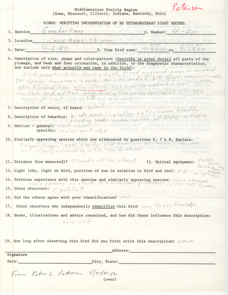 Rare bird documentation form for four Greater Scaups at Cone March in Louisa County, IA on April 6, 1980.