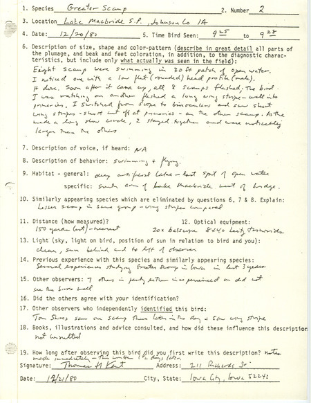 Rare bird documentation form for two Greater Scaups at Lake Macbride State Park in Johnson County, IA on December 20, 1980.