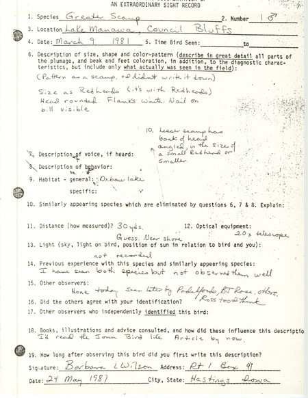 Rare bird documentation form for a Greater Scaup at Lake Manawa in Pottawattamie County, IA on March 9 ,1981.