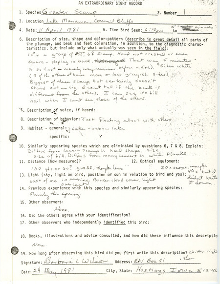 Rare bird documentation form for a Greater Scaup at Lake Manawa in Pottawattamie County, IA on April 11, 1981.