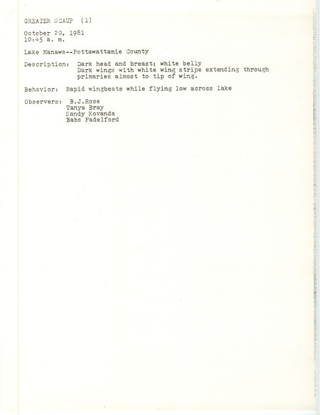 Rare bird documentation form for a Greater Scaup at Lake Manawa in Pottawattamie County, IA on October 20, 1981.