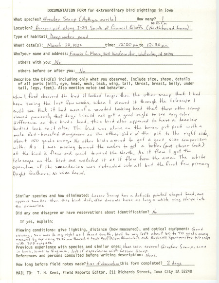 Rare bird documentation form for a Greater Scaup south of Council Bluffs in Mills County, IA on March 28, 1982.