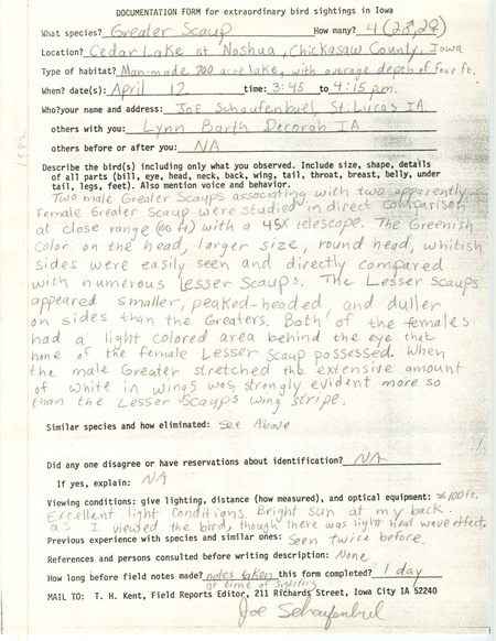 Rare bird documentation form for four Greater Scaups at Cedar Lake at Nashua, in Chickasaw County, IA on April 12, 1982.