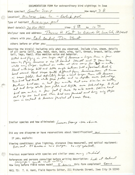 Rare bird documentation form for three Greater Scaups at Montrose in Lee County, IA on November 20, 1983.