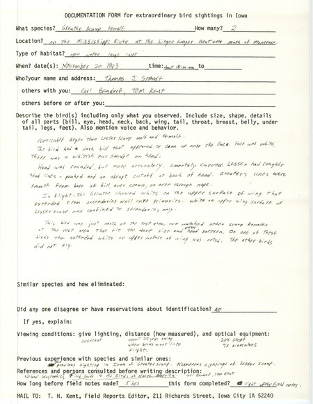 Rare bird documentation form for two Greater Scaups south of Montrose in Lee County, IA on November 20, 1983.