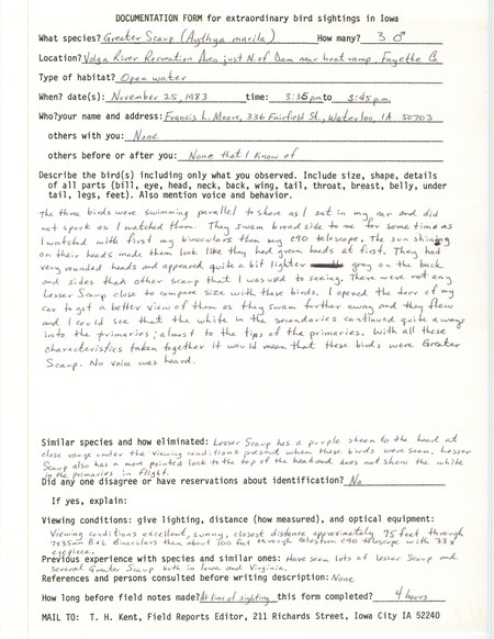 Rare bird documentation form for three Greater Scaups at Volga River Recreation Area in Fayette County, IA on November 25, 1983.