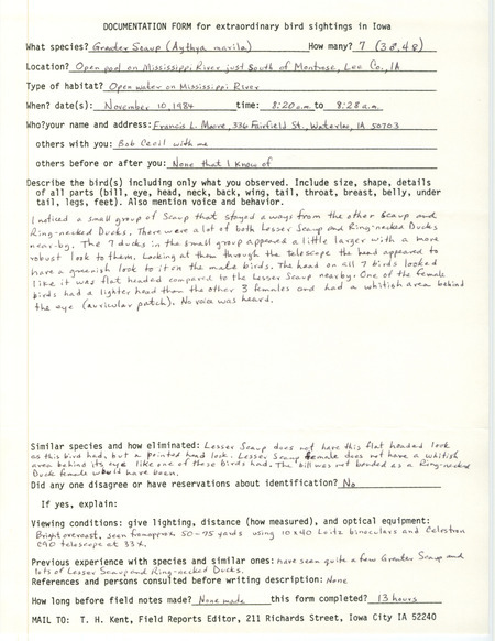 Rare bird documentation form for seven Greater Scaups near Montrose in Lee County, IA on November 10, 1984.