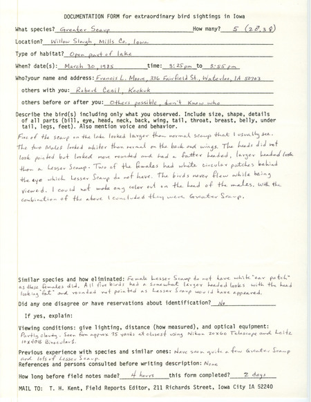 Rare bird documentation form for five Greater Scaups at Willow Slough in Mills County, IA on March 30, 1985.