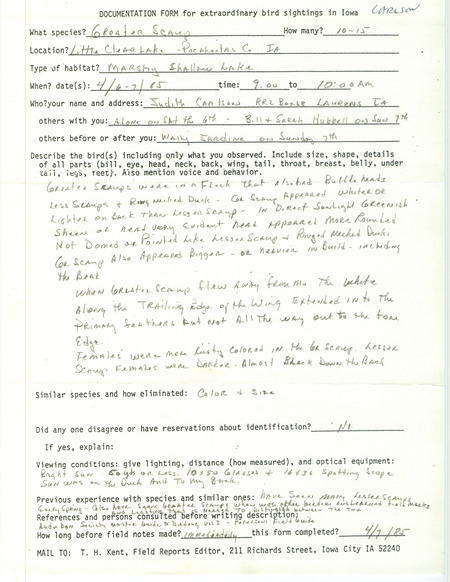 Rare bird documentation form for ten to fifteen Greater Scaups at Little Clear Lake in Pocahontas County, IA on April 6, 1985.