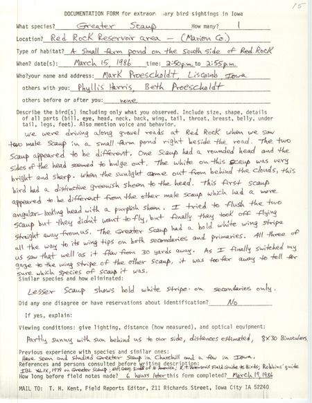 Rare bird documentation form for a Greater Scaup at Red Rock Reservoir in Marion County, IA on March 15, 1986.