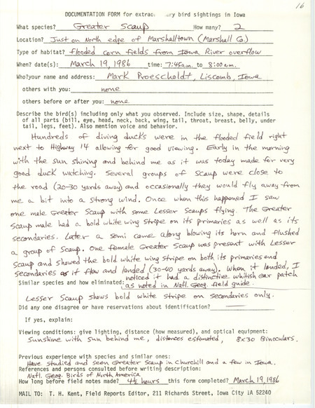 Rare bird documentation form for two Greater Scaups at Marshalltown in Marshall County, IA on March 19, 1986.
