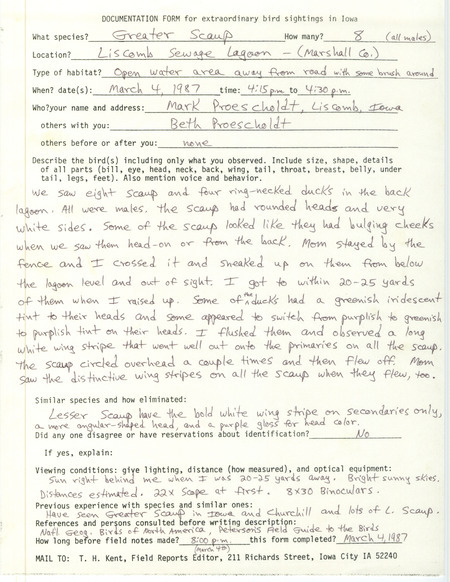 Rare bird documentation form for eight Greater Scaups at Liscomb Sewage Lagoon in Marshall County, IA on March 4, 1987.