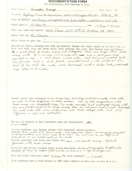 Rare bird documentation form for two Greater Scaups at Saylorville Lake in Polk County, IA on November 20, 1988.