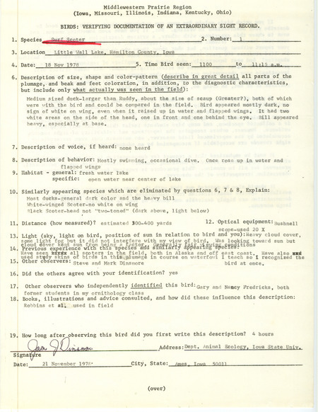 Rare bird documentation form for a Surf Scoter at Little Wall Lake in Hamilton County, IA on November 18, 1978.