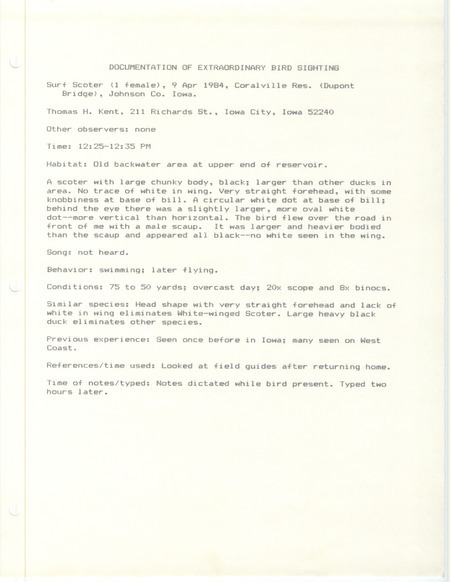 Rare bird documentation form for a Surf Scoter at Coralville Reservoir in Johnson County, IA on April 9, 1984.