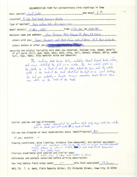Rare bird documentation form for a Surf Scoter at DeSoto Bend National Wildlife Refuge in Harrison County, IA on November 11, 1985.