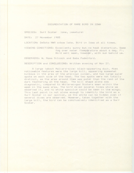 Rare bird documentation form for a Surf Scoter at DeSoto National Wildlife Refuge in Harrison County, IA on November 27, 1985.