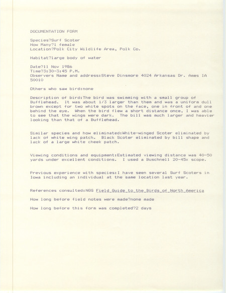 Rare bird documentation form for a Surf Scoter at Polk City Wildlife Area in Polk County, IA on November 11, 1986.