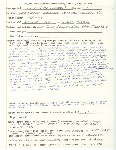 Rare bird documentation form for a Surf Scoter at West Overlook at Coralville Reservoir in Johnson County, IA on November 29, 1988.