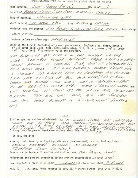 Rare bird documentation form for a Surf Scoter at Badger Creek State Park in Madison County, IA on April 19, 1990.