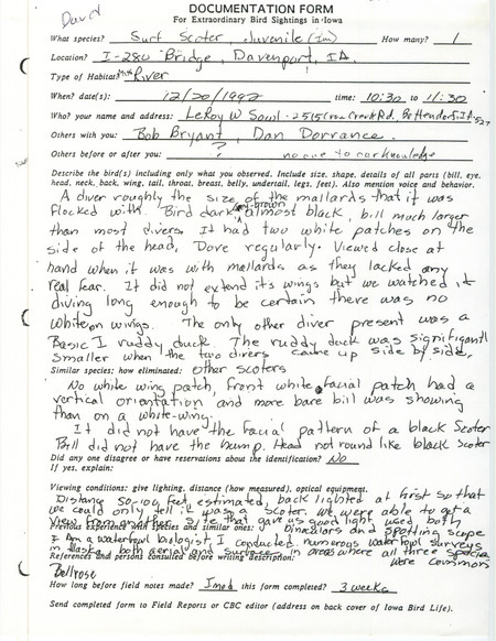 Rare bird documentation form for a Surf Scoter at Davenport in Scott County, IA on December 20, 1992.