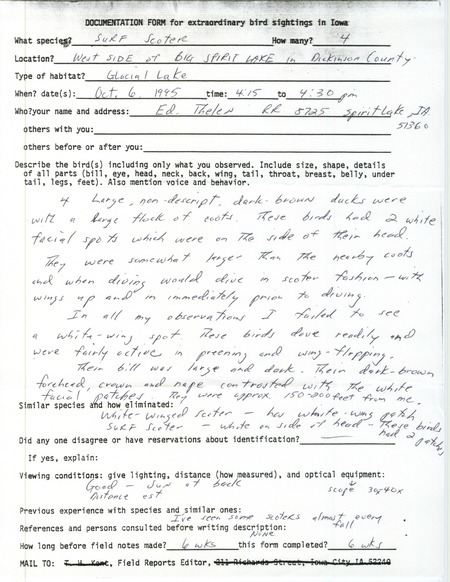 Rare bird documentation form for four Surf Scoters at Big Spirit Lake in Dickinson County, IA on October 6, 1995.