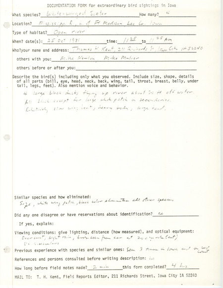 Rare bird documentation form for four White-winged Scoters north of Fort Madison on the Mississippi River in Lee County, IA on October 25, 1981.