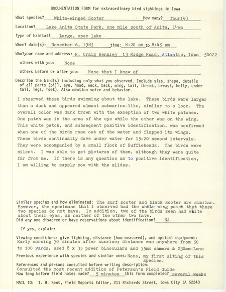 Rare bird documentation form for four White-winged Scoters at Lake Anita State Park in Cass County, IA on November 6, 1981.