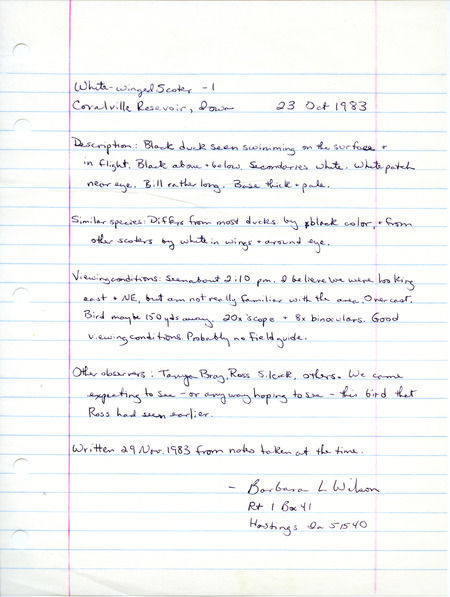 Rare bird documentation form for a White-winged Scoter at Coralville Reservoir in Johnson County, IA on October 23, 1983.