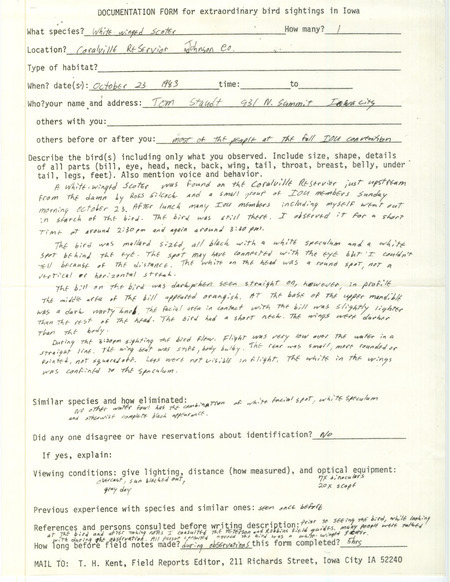 Rare bird documentation form for a White-winged Scoter at Coralville Reservoir in Johnson County, IA on October 23, 1983.