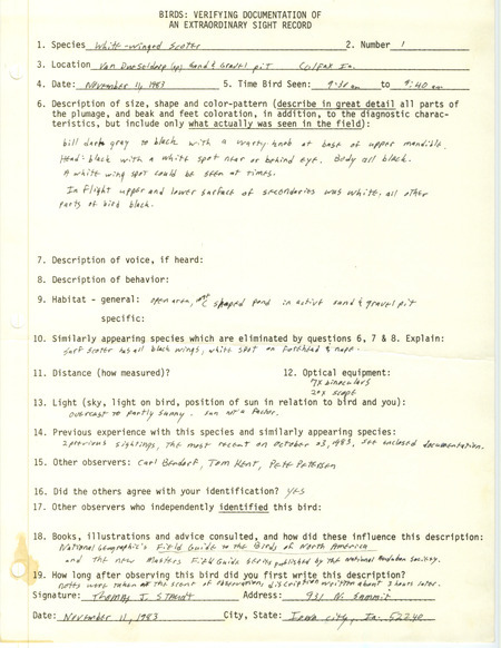 Rare bird documentation form for a White-winged Scoter at the Van Dusseldorp Sand and Gravel Pit in Colfax in Jasper County, IA on November 11, 1983.