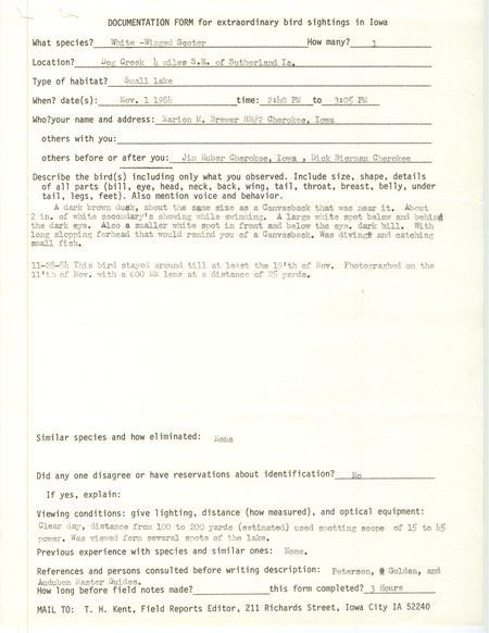 Rare bird documentation form with additional notes for a White-winged Scoter at Dog Creek, in O'Brien County, IA on November 1, 1984.