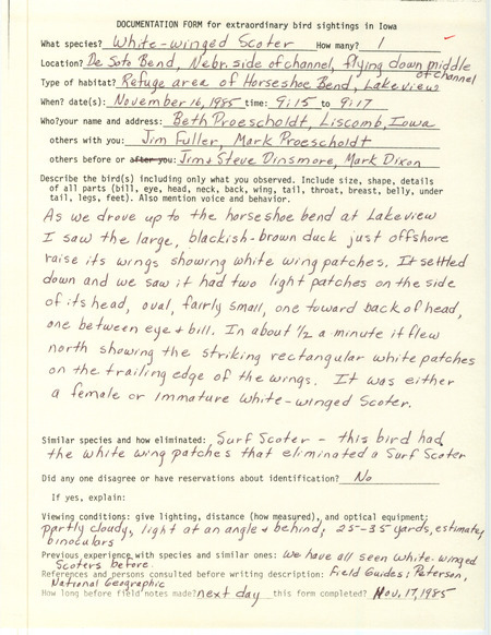 Rare bird documentation form for a White-winged Scoter at DeSoto Bend in Harrison County, IA on November 16, 1985.