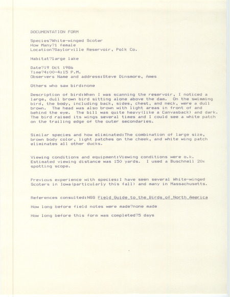Rare bird documentation form for a White-winged Scoter at Saylorville Reservoir in Polk County, IA on October 19, 1986.