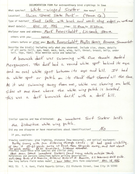 Rare bird documentation form for a White-winged Scoter at Union Grove State Park in Tama County, IA on November 10, 1986.