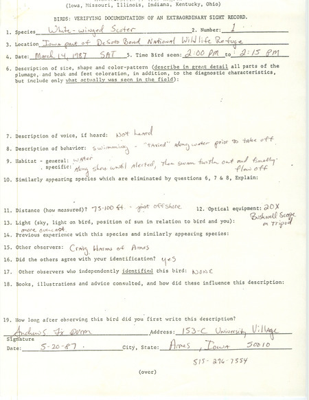 Rare bird documentation form with additional notes for a White-winged Scoter at DeSoto Bend National Wildlife Refuge in Harrison County, IA on March 14, 1987.