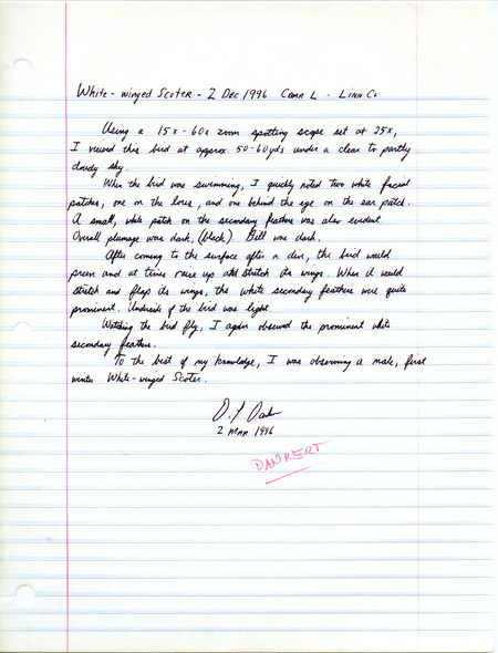 Field notes contributed by David L. Dankert detailing the sighting of a White-winged Scoter at Cedar Lake in Linn County, IA on December 2, 1995.