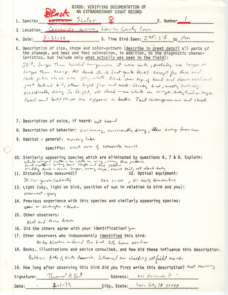Rare bird documentation form for a Black Scoter at Conesville March in Louisa County, IA on March 31, 1979.